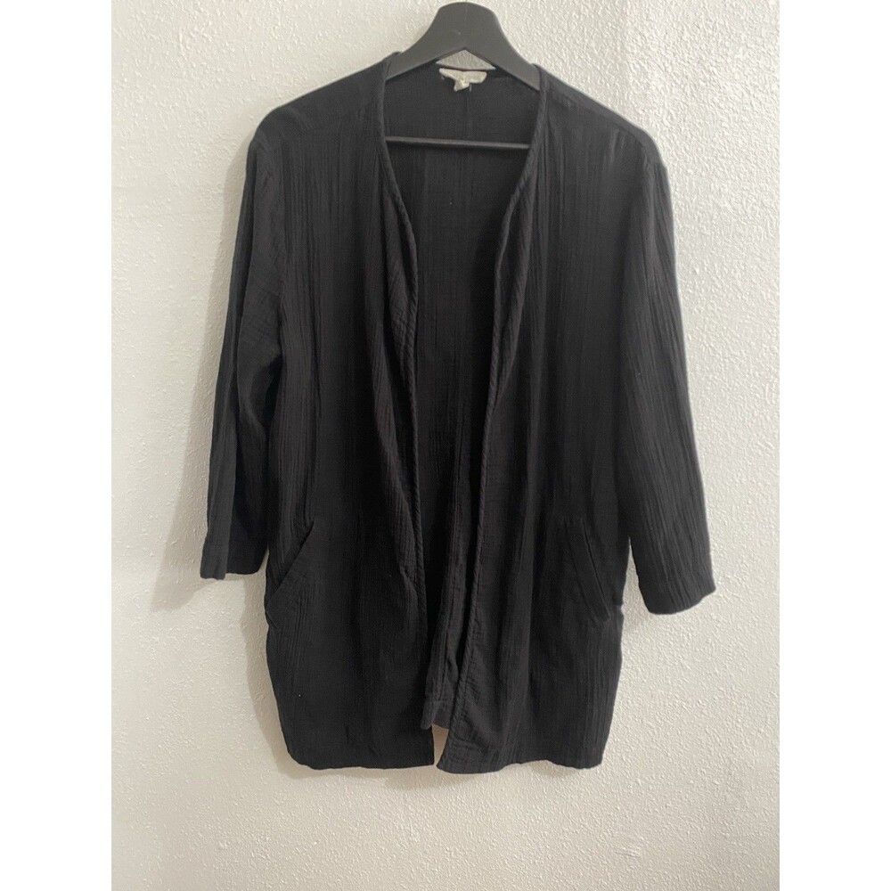 Eileen Fisher Black Organic Cotton Gauze Cardigan With Pockets M H56